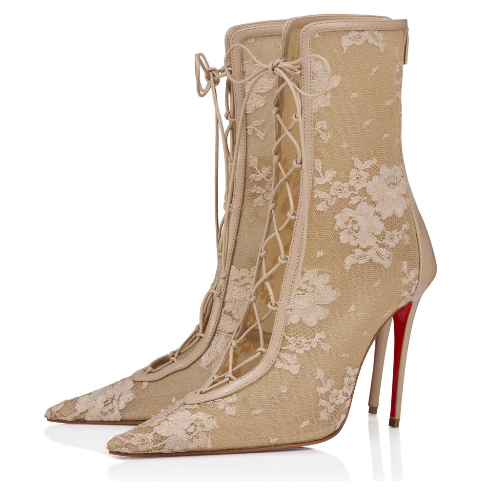 Christian Louboutin KM Lace Booty 100 Pearl Beige Lace Up Ankle Heel Bootie 39